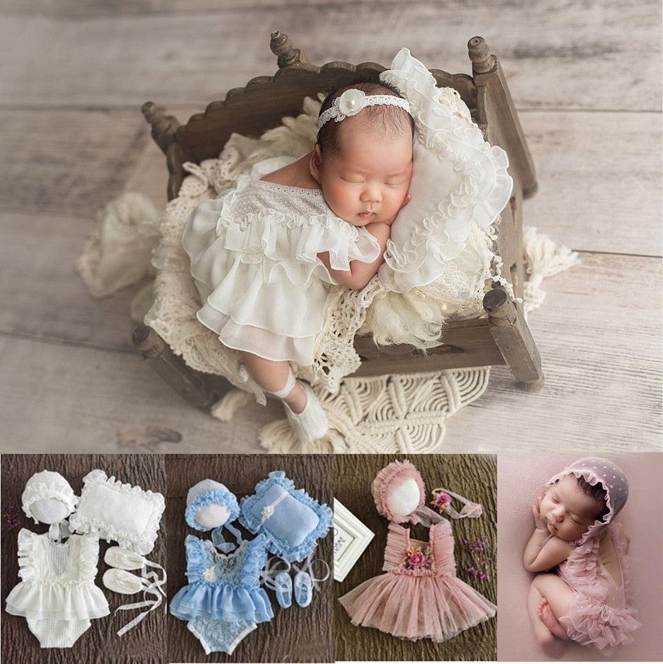 0-1Month Newborn Photography Props Baby Hat Headband Lace Romper Bodysuits Outfit Baby Girl Dress  Costume Photography Clothing