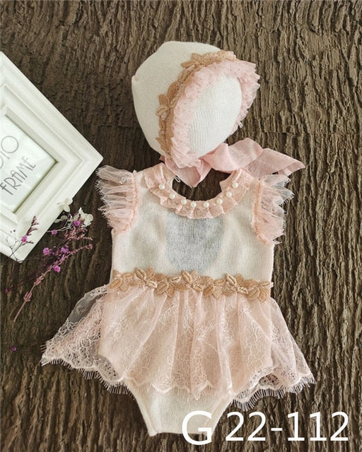 0-1Month Newborn Photography Props Baby Hat Headband Lace Romper Bodysuits Outfit Baby Girl Dress  Costume Photography Clothing