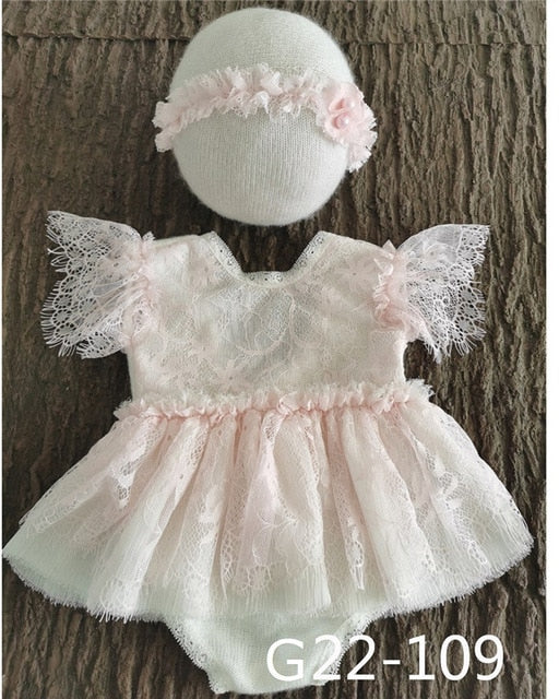 0-1Month Newborn Photography Props Baby Hat Headband Lace Romper Bodysuits Outfit Baby Girl Dress  Costume Photography Clothing