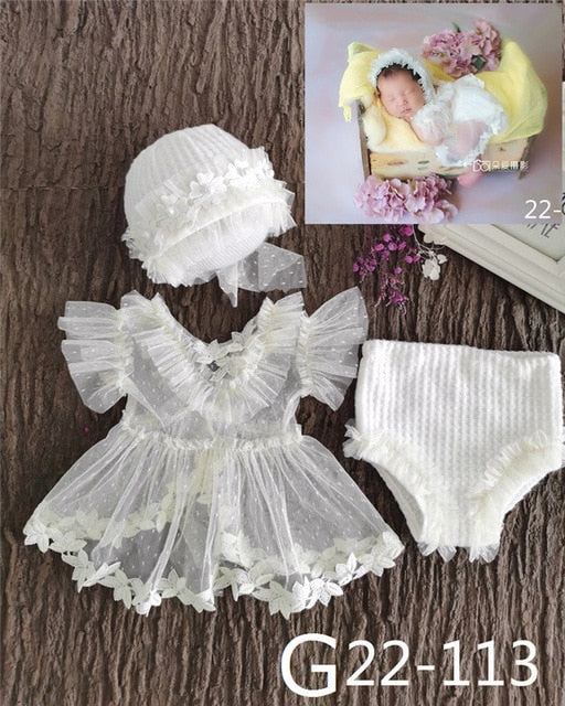 0-1Month Newborn Photography Props Baby Hat Headband Lace Romper Bodysuits Outfit Baby Girl Dress  Costume Photography Clothing